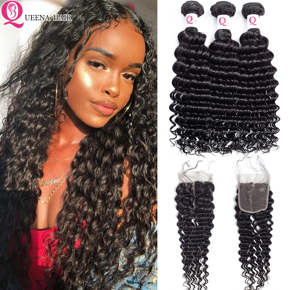 

Queena Best Indian Deep Wave Bundles With Closure Unprocessed Virgin Human Hair Raw Indian Curly Hair Weave Bundles with Closure