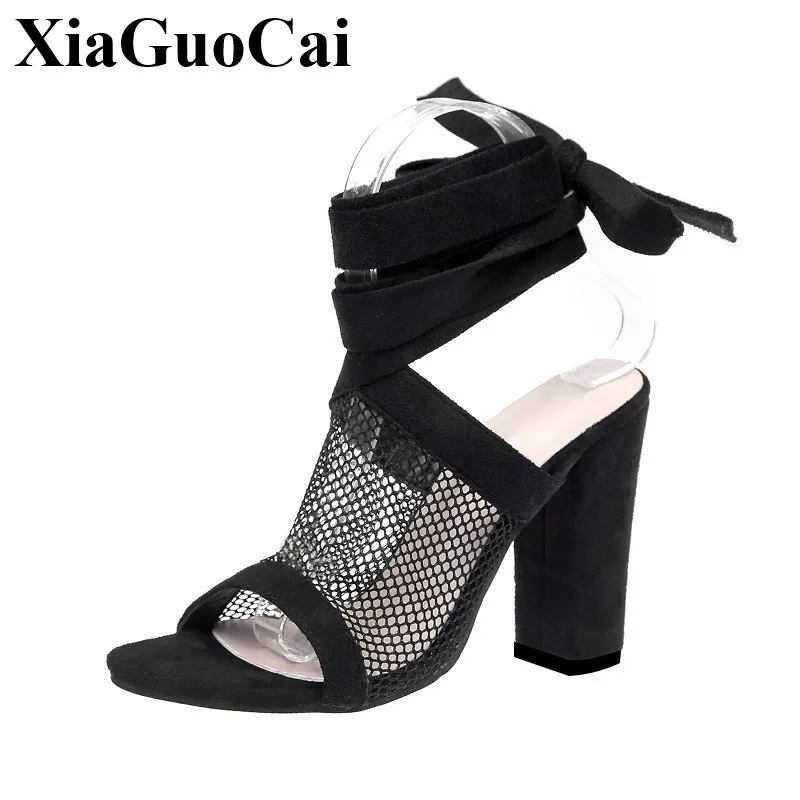 Large Size Shoes Women Sandals Thick Heels Peep Toe Pumps Hollow Mesh Lace up Gladiator Sandals