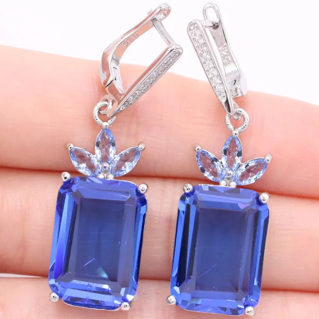 

18x13mm Rectangle Rich Blue Violet Tanzanite CZ Woman's Gift 925 Silver Earrings 44x13mm