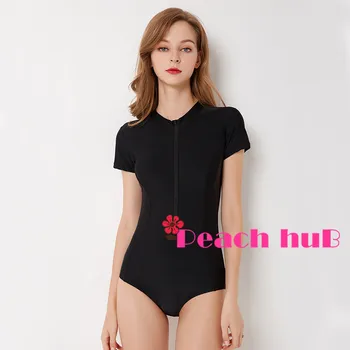 

Sport Swimsuit Short Sleeve Swimsuit Solid Swimwear One Piece Front Zipper Black Swimsuits Woman Plus Size Surf Suit XXL