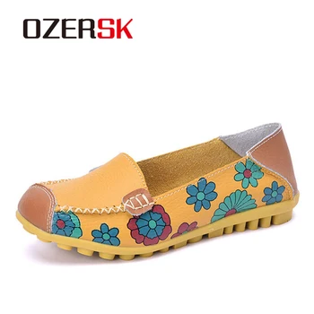 

OZRESK New Fashion Women's Shoes Genuine Leather Soft Female Flats Printing Flower Ladies Loafers Slip-On Shallow Shoes Woman