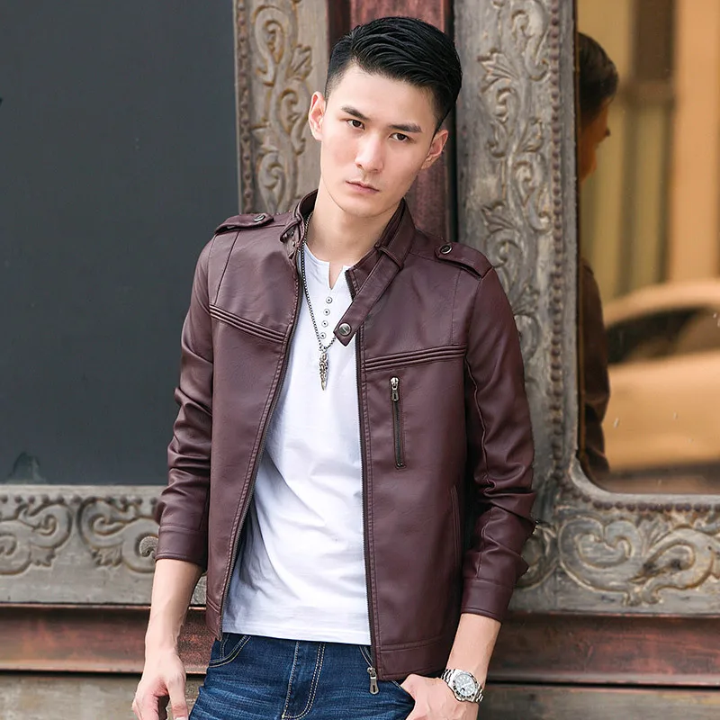 PU leather men fall collar handsome young men's jacket locomotive Mens ...