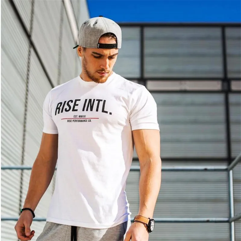 

2019 New Arrival RISE Summer Fitness Men's Short Sleeve T-shirt Leisure Gyms Bodybuilding Cotton Round Collar Tight Tees Tops