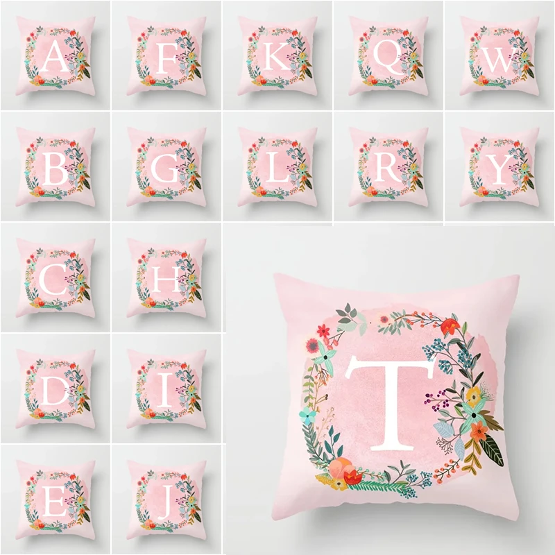 

18 inch Flower Wreath with Personalized Monogram Initial Letter Print Polyester Pillow Cover Home Decorative Pillows Cover