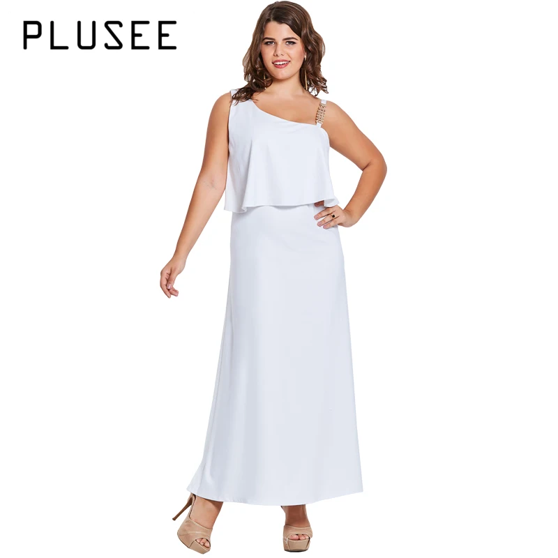 PLUSEE New Plus Size Women White Long Dress Fashion Ruffles Summer Maxi