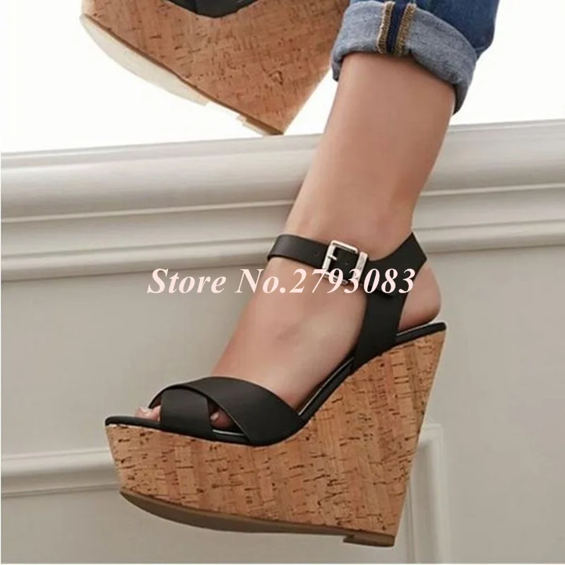 

Ladies Wedge Sandals Cut-out Black Leather High Platform Women Wedge Sandals Casual Dress Shoes Plus Size 43 2019 NEW Design