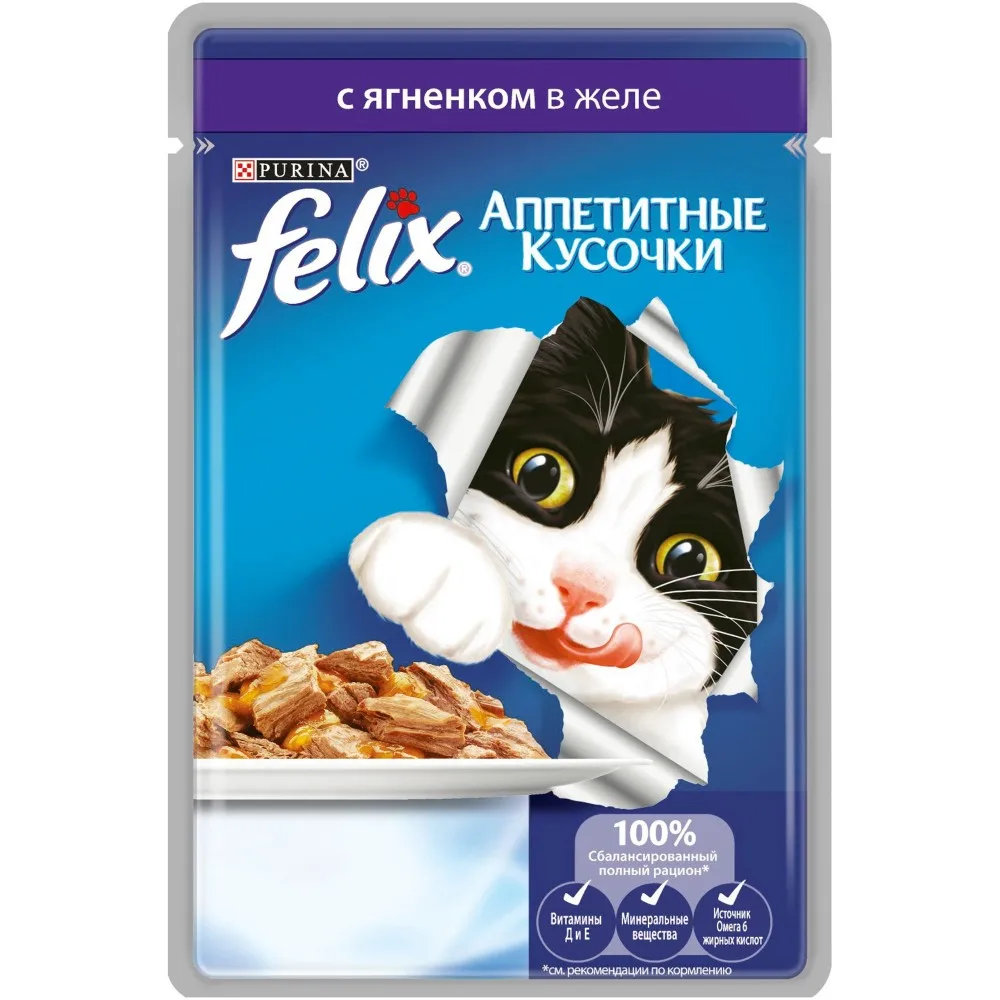 Wet food Felix Appetizing Pieces for cats with lamb, Pouch, 24x85 g