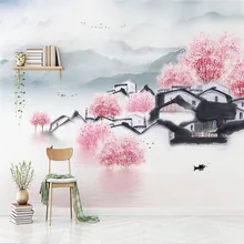 Mur de télévision paysage paysage pêche | Nouvelle architecture peinte à la main de style chinois, mur de production professionnelle, mur de mur