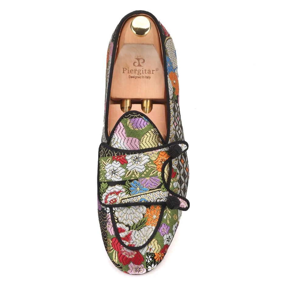 Piergitar multi color jacquard silk double-monk BELGIAN LOAFERS with black buttons handcrafted men smoking slippers plus size