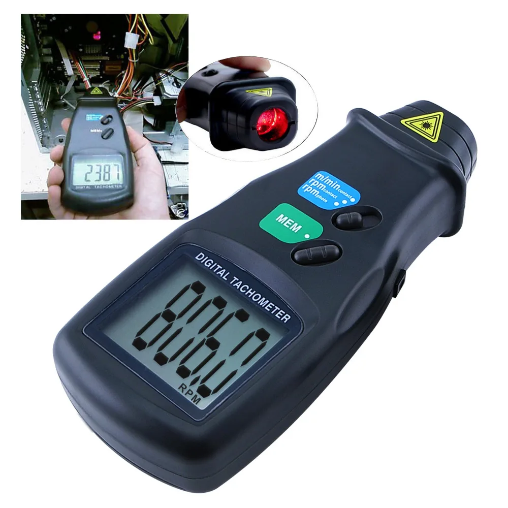 

99 999 RPM Range 2 in 1 LASER Sensor Photo & Contact Tachometer Rotational Surface Speed +/- (0.05% + 1 digit) Quartz Crystal