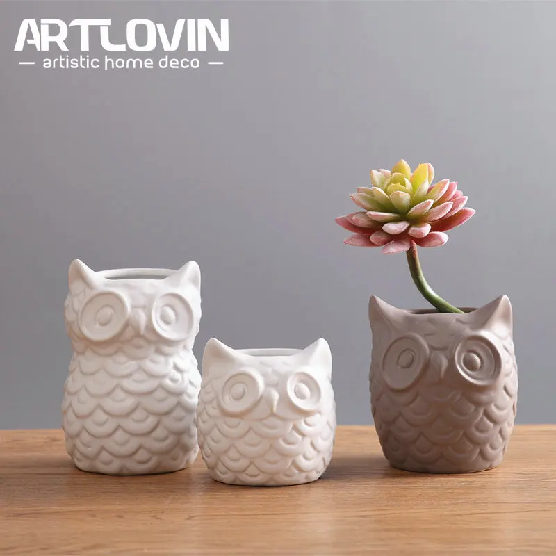 

Creative Ceramic White Owl Figurines Nordic Style Artificial Plant Flower Pot Porcelain Animal Statuette Home Decor Gifts Crafts