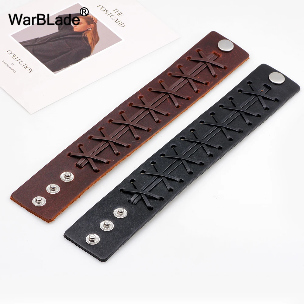 WarBLade 2018 New Fashion Men’s Genuine Leather Wide Bracelets Bangles Men Wrap Bracelet Punk Cuff Wristband For Women Jewelry