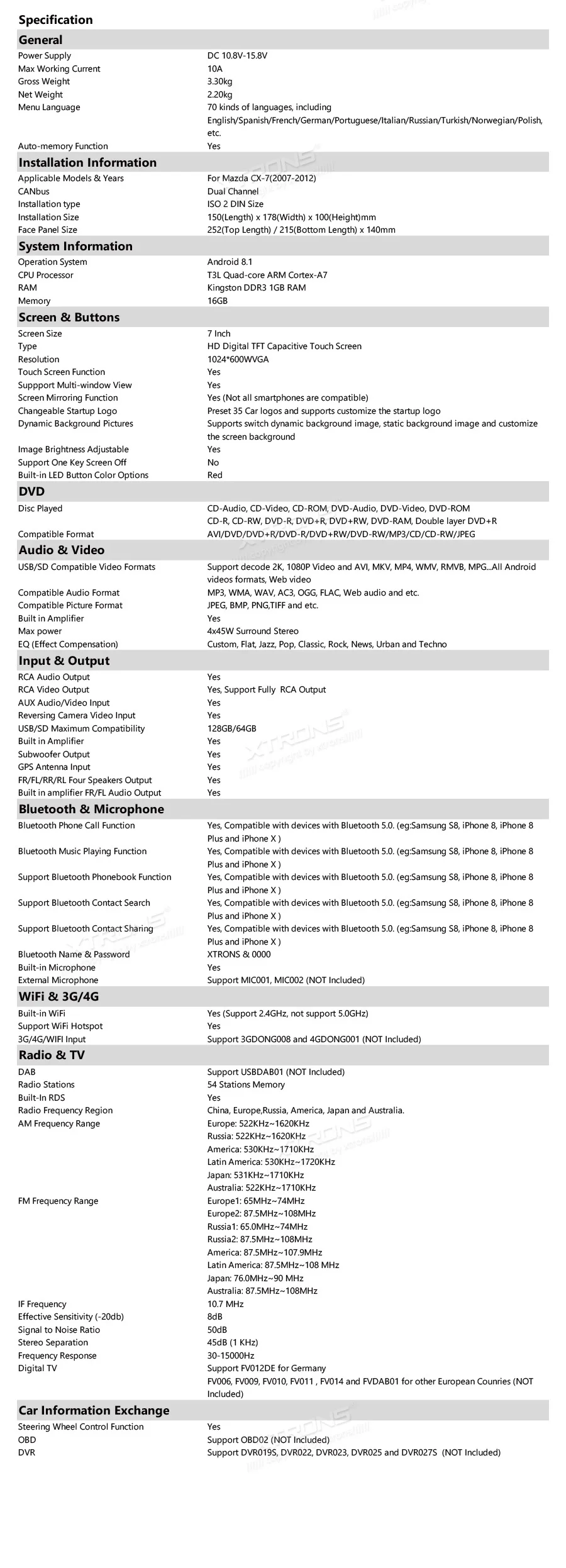 Sale XTRONS 7" Android 8.1 Quad Core 16GB ROM Car Multimedia DVD Player for Mazda CX-7 2007-2012 RCA GPS Navigation OBD DAB USB WIFI 23