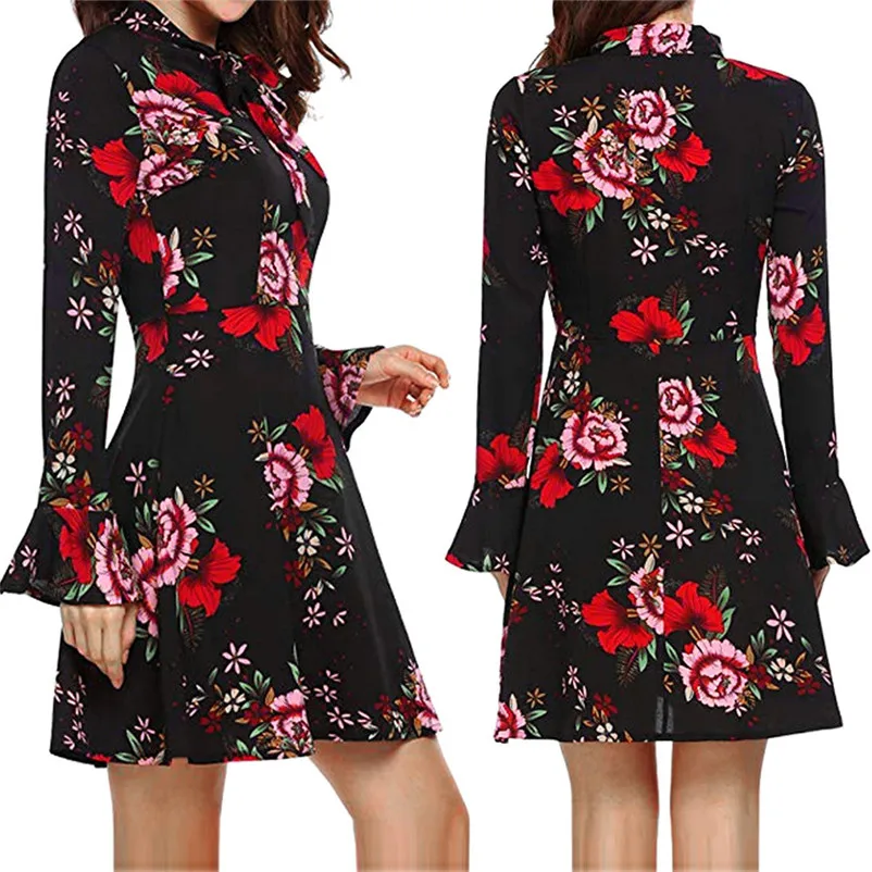 Fashion Autumn summer dress 2018 casual Flare elegant dress Long Sleeve O-Neck Floral Printed Mini party Dress vestido A27#N (5)