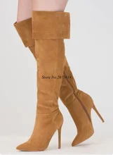 Brown Suede Leather Over The Knee Thigh High Boots Pointed Toe Fold Over Winter Long Boots Pointed Toe Fashion Shoes Size 35-42 prova perfetto rivet pointed toe over the knee boots for women patene leather zippers winter shoes women fashion thigh high boot