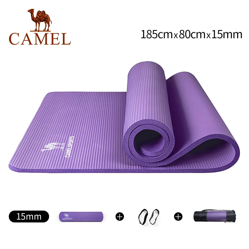 CAMEL Коврик для йоги, 185 см* 80 см, 15 мм, для фитнеса, тренировок, тренажерного зала, NBR, водонепроницаемый, обновленный, для тренировки, фитнеса, натуральный каучуковый ремешок