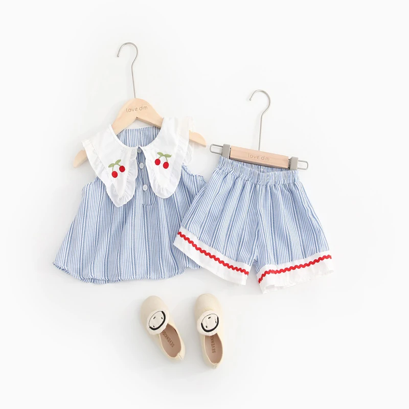 OKLADY/Коллекция года, одежда для маленьких девочек комплект одежды в полоску с вишневым принтом без рукавов, летняя одежда для маленьких девочек Подарочный комплект, 1, 2, 3 года