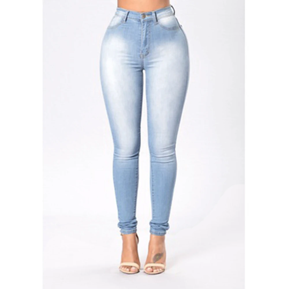 Women Casual Elastic High Waist Single breasted Pocket Skinny Jeans Pencil Pantsjeans pencil