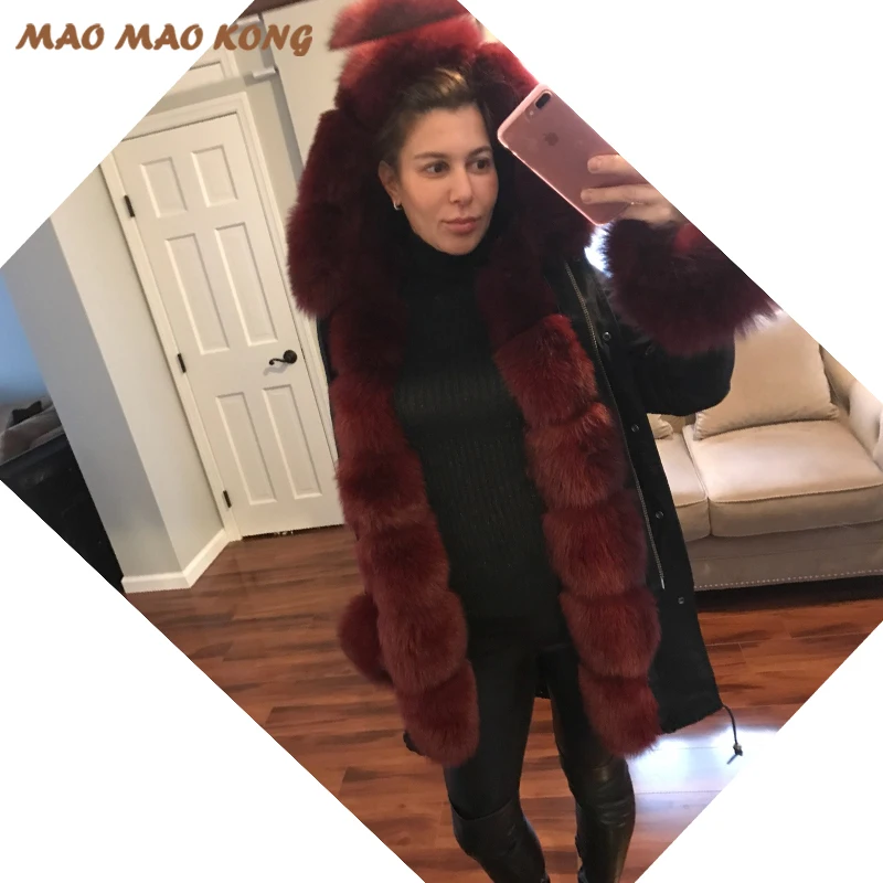 Новая зимняя женская Настоящая меховая парка, теплая Роскошная натуральная большая парка с меховым воротником из лисьего меха, армейская зеленая Камуфляжная парка