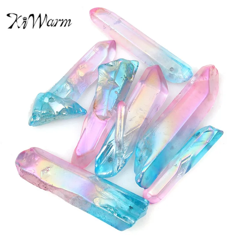 

KiWarm 7pcs Pink Blue Titanium Natural Quartz Crystal Points Pendant Bead Strand Necklace Pendants DIY Crafts Making 28-45mm