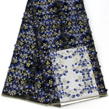 

blue nigerian lace fabrics for wedding 2018 stones lace fabric 3d flower embroidered tulle dress material 5yard/lot A953-2
