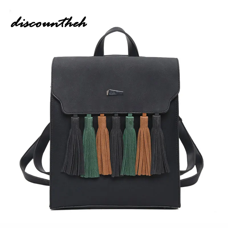 Fashion Tassel Hit Color Square Girls Backpack Scrub PU Leather Women Backpack Fashion School Bags