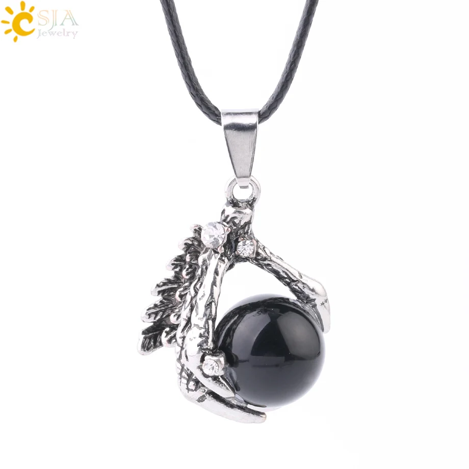 

CSJA Men Gothic Biker Statement Necklace Tribal Dragon Claw Pendant Necklaces Black Onyx Gems Ball Charms Collar De Hombres S195