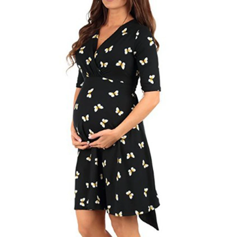 

Pregnant Women Loose Pajamas Printed Dress New Mid-sleeve Strap Flower Maternity Dresses Pregnancy Casual Home Tracksuits