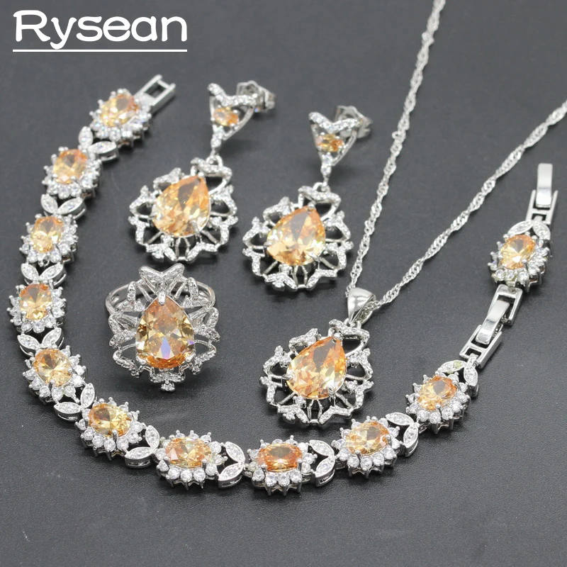 

Orange White Zirconia 925 Sterling Silver Jewelry Sets For Women Necklace Pendant Bracelet Ring Earrings