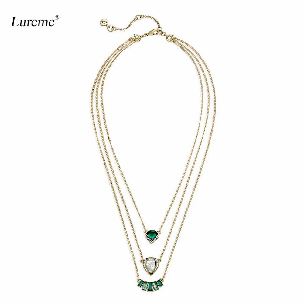 

Lureme Gold Tone Multilayer Mysterious Dark Green Stones Pendants 3 Lines Necklace (nl005811)