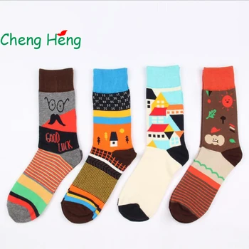 

Cheng Heng 12 Pairs/Bag Products Sale Summer British Style Men's Cotton Socks Personality Pattern Men Middle Tube Socks 5Color