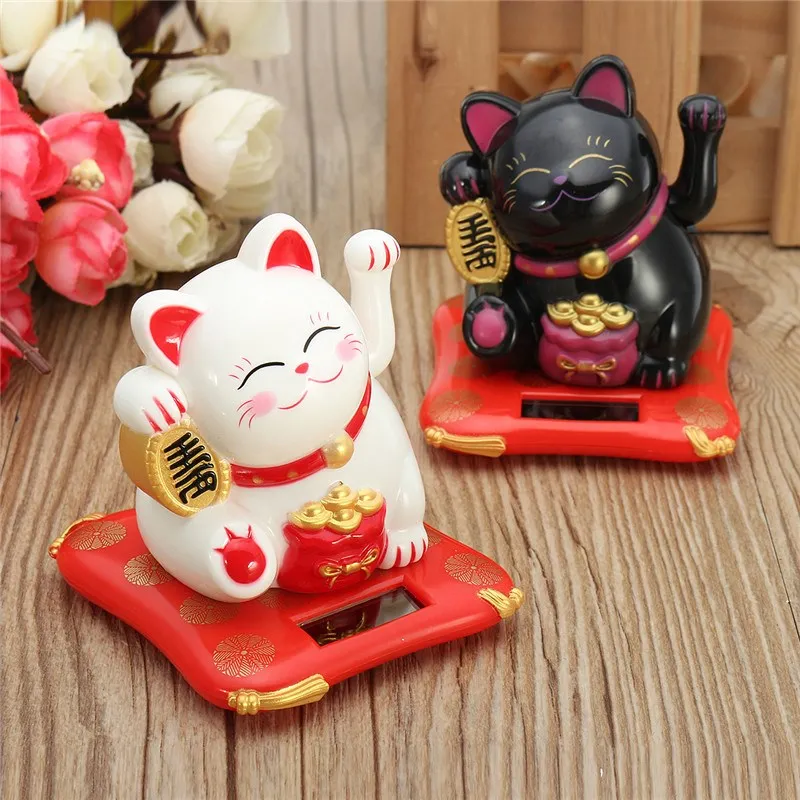 

Fashion Black/White Solar Powered Maneki Neko Welcoming Fortune Cat Lucky For Home Car Hotel Restaurant Decor Craft