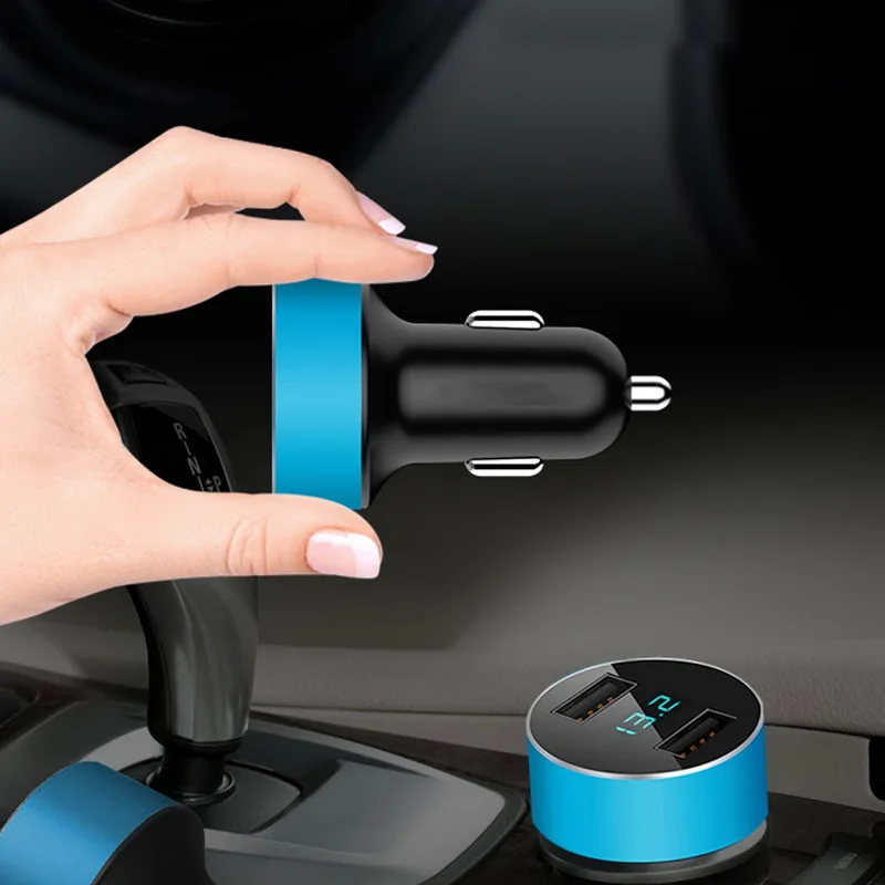 

Round blue Car light dual USB display voltage current charger