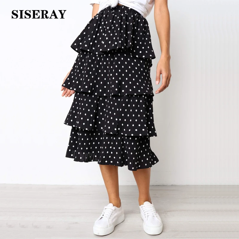 

2019 Polka Dot Tiered Ruffle Skirt Midi High Waist Womens Pleated Skirts Four Layers Summer Korean Skirt Long Skirts For Women