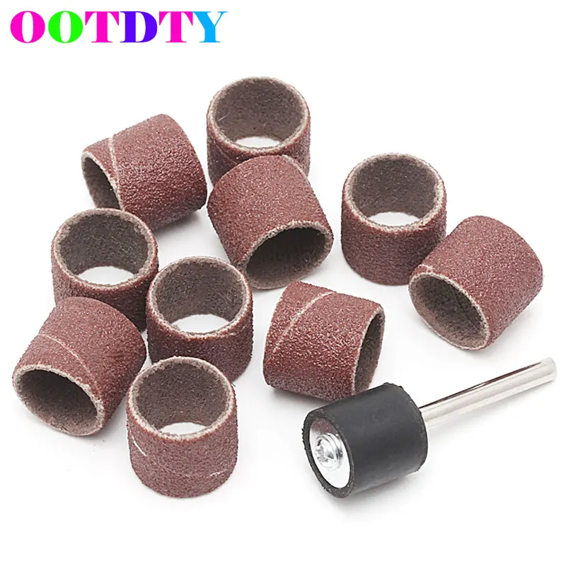 

OOTDTY 10 Pcs/lot 12.5mm Grit 80#/120# Sanding Bands and 1pc 3.17mm Mandrel Rotary Tool Nail Drill Bit APR24_30