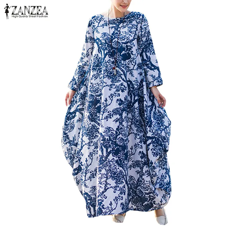 

2019 Plus Size L-5XL ZANZEA Women Floral Print Long Sleeve Casual Loose Kaftan Retro Blouses Round Neck Maxi Long Dress Vestido