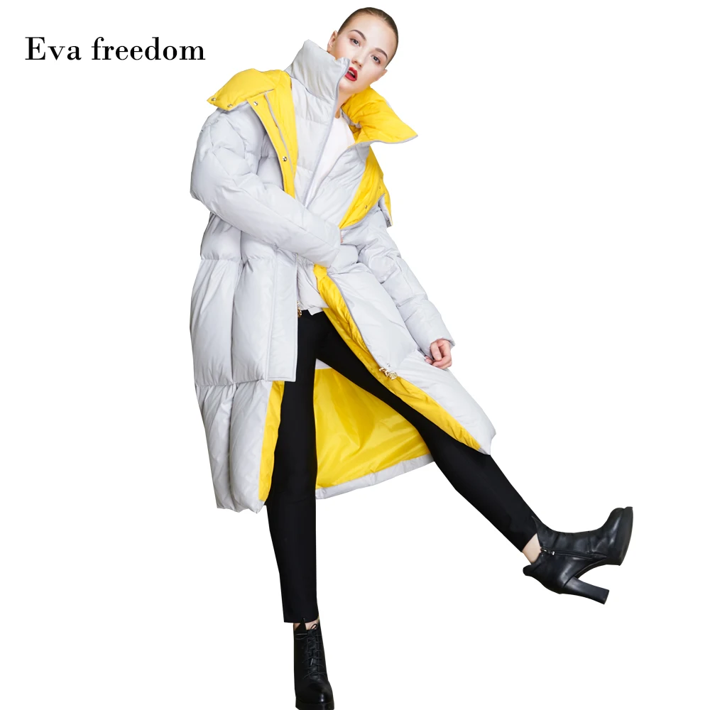 Trend brand 2018 fashion new personality white duck down women's coat fashion contrast color long hooded down jacket