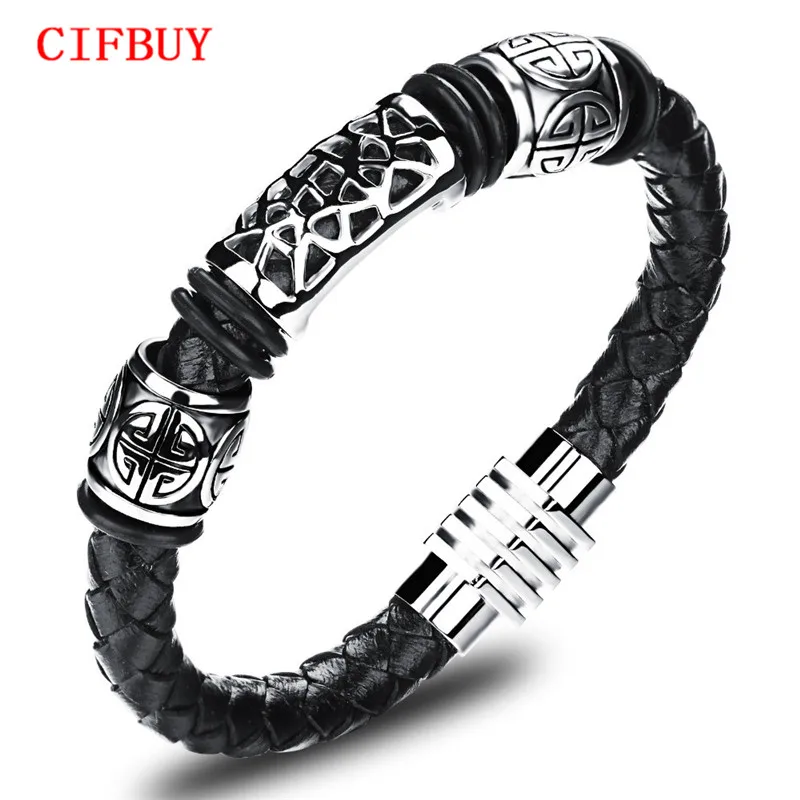 CIFBUY Real Leather Knitted Man Bangles Vintage Stainless Steel Men