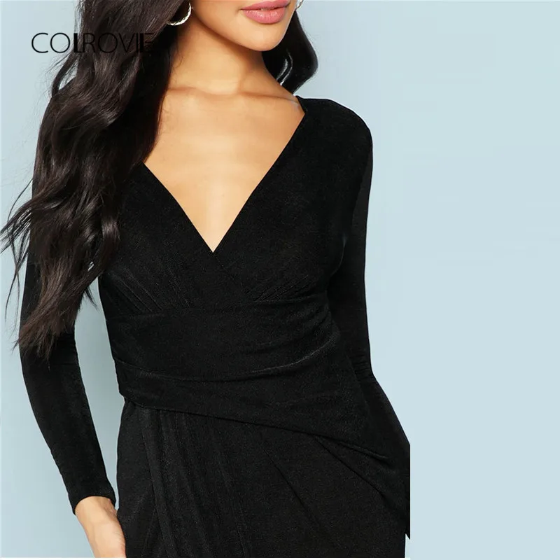 COLROVIE Black Deep V Neck Wrap Sexy Bodycon Dress 2018 Autumn Plunging Neck Split Front Party Dress Elegant Midi Women Dresses COLROVIE Black Deep V Neck Wrap Sexy Bodycon Dress 2018 Autumn Plunging Neck Split Front Party Dress Elegant Midi Women Dresses