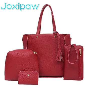 

Joxipaw 4Pcs/Set Women PU Leather Fashionable Fringed Bags Set Satchel + Handbag + Card Bag + Wallet NEW HOT ZK30