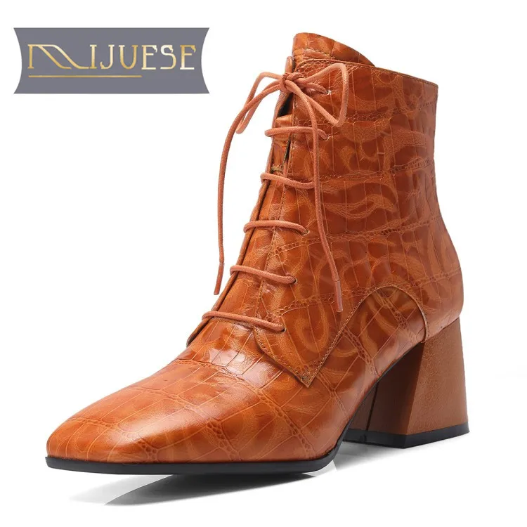 

MLJUESE 2019 women ankle boots cow leather square toe brown color winter warm fur high heels women boots size 33-42