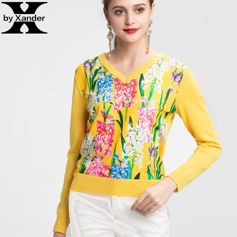 2019 Spring Runway Fashion Pullover Sweater Women V-neck Long Sleeve Yellow Flowe Print Wool knitted Top | Женская одежда