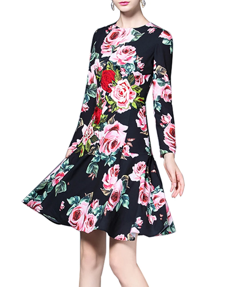 Roiii Women Spring Rose Embroidery Dresses Elegant Long Sleeve Party
