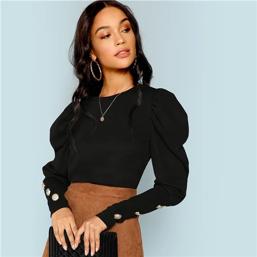 SHEIN Стильная Однотонная Блуза С Пуговицами, Офисная Блузка С Оригинальным Рукавом - Цвет: Черный