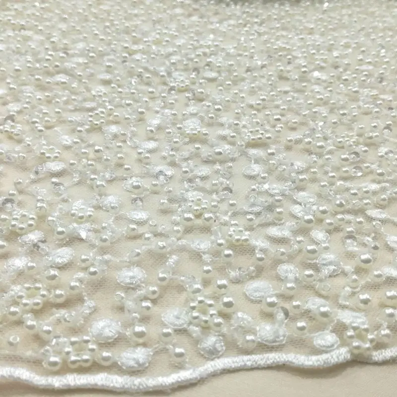 

White pearls embroidered fabric for wedding and evening dresses, price per meter, Exclusive handmade high quality DIY lace