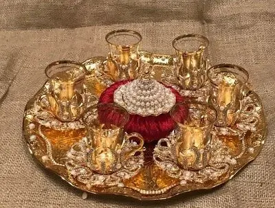 

6 person TEA set crystals and beads silver or gold color with big tray
