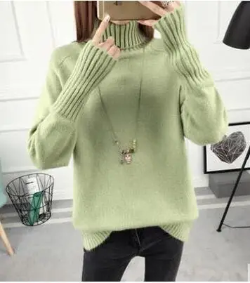 Женский свитер, корейская мода, вязаный свитер с высоким воротом, женский толстый зимний теплый свитер, тянущийся осенний стиль 3962 - Цвет: Green