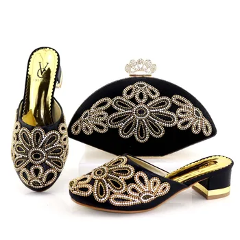 

Fashion black color shoes and bag to match african italian design shoe and bag african shoes bag set low heel 2 inches SB8202-2