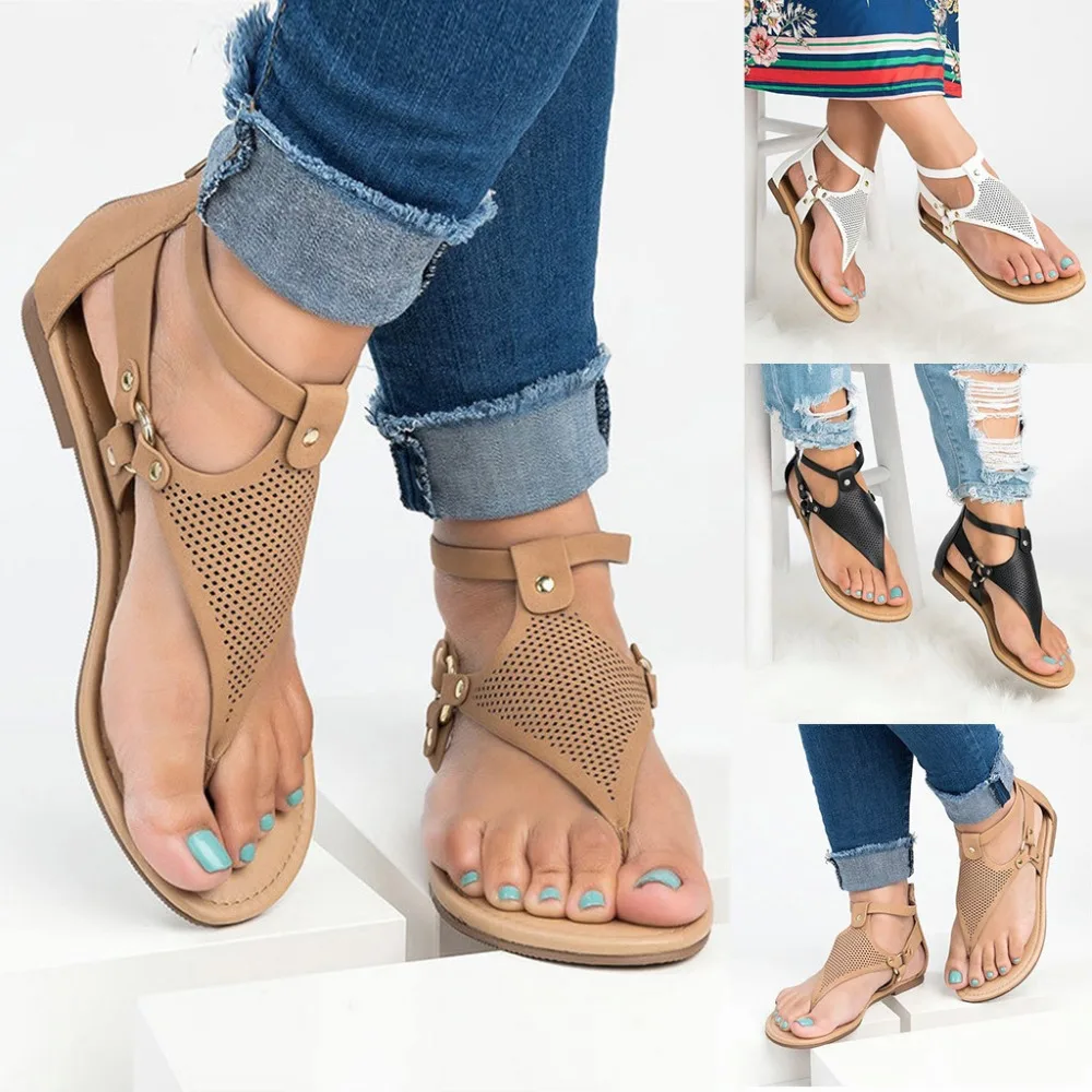 

YOUYEDIAN 2019 New arrival Women's Casual Rome Solid Hollow Out Open Toe Zipper Sandals Flat With Shoes chaussures femme sandals