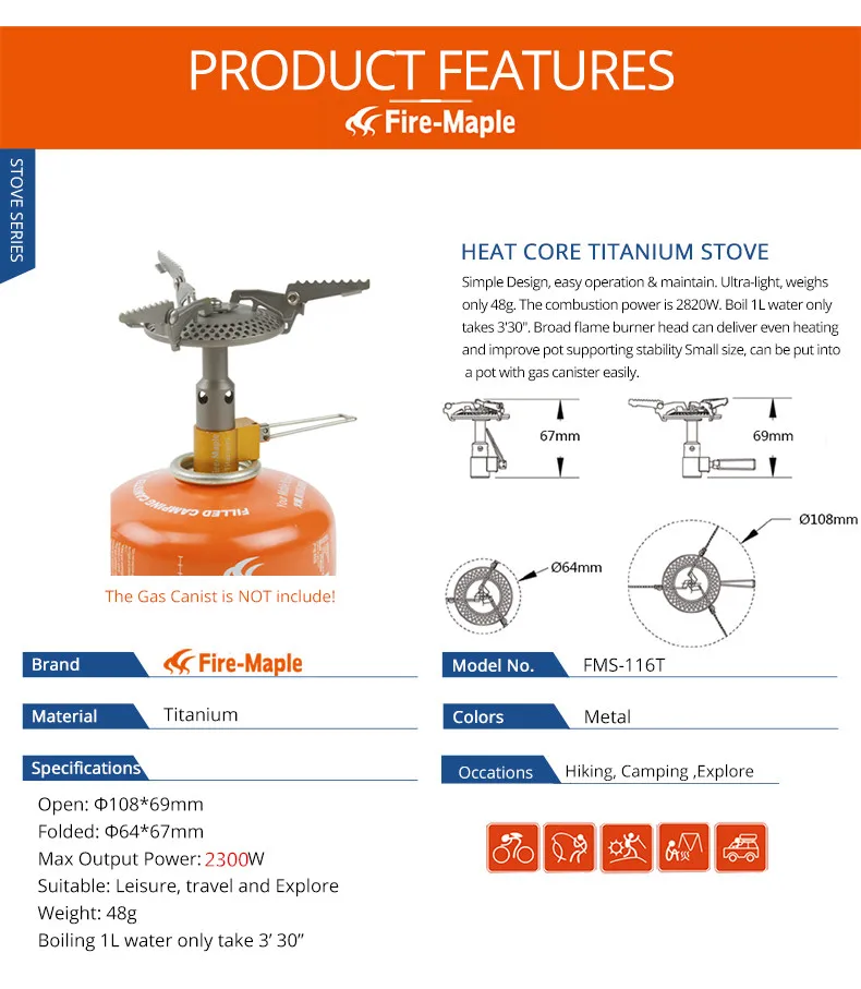 Огонь Клен FMS-116T Открытый Мини Кемпинг печи газовая горелка для альпинизма 48 г 2300 Вт портативный легкий титан газовая плита